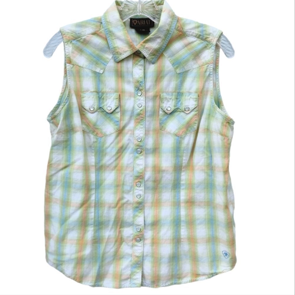 Ariat Sleeveless Button Down Shirt Size L White with Blue Green Orange Plaid